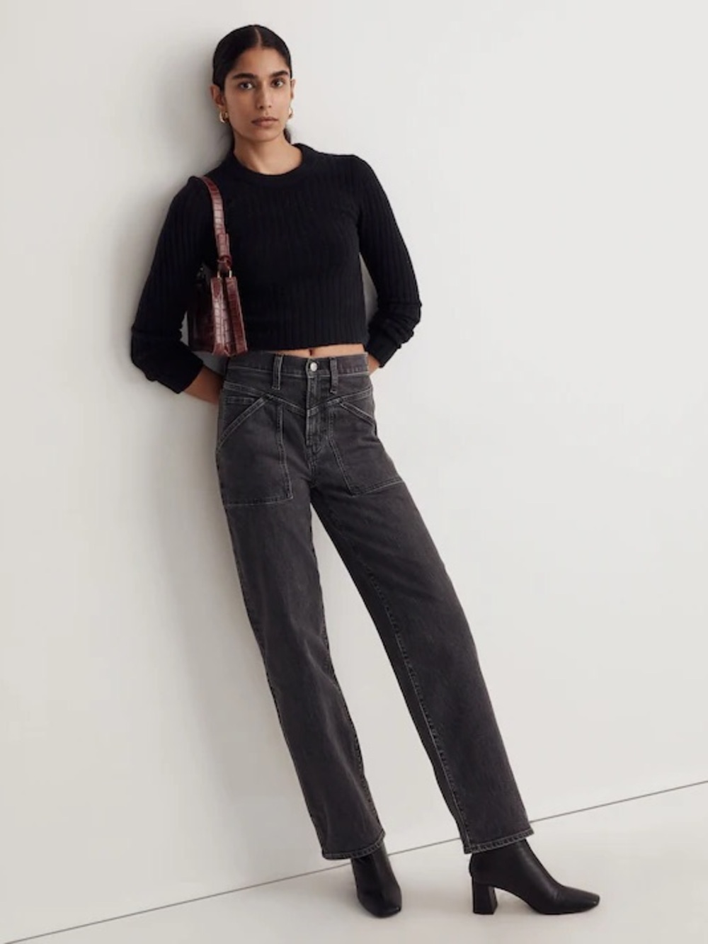 Madewell The Perfect Vintage Wide-Leg Jeans Size 24 Washed Black High Rise Patch
